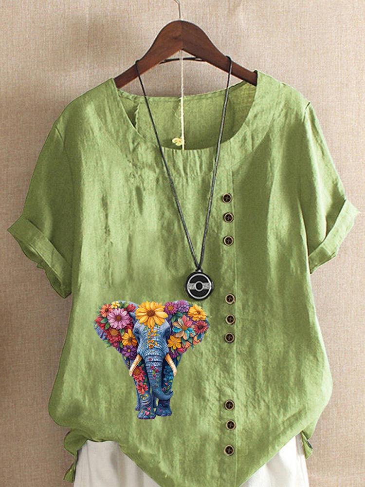 Women's Fashion Flower Elephant Print Round Neck Short Sleeve T-shirt Casual Cotton Linen Graphic Shirt Leisure Loose Summer Blouse Tops