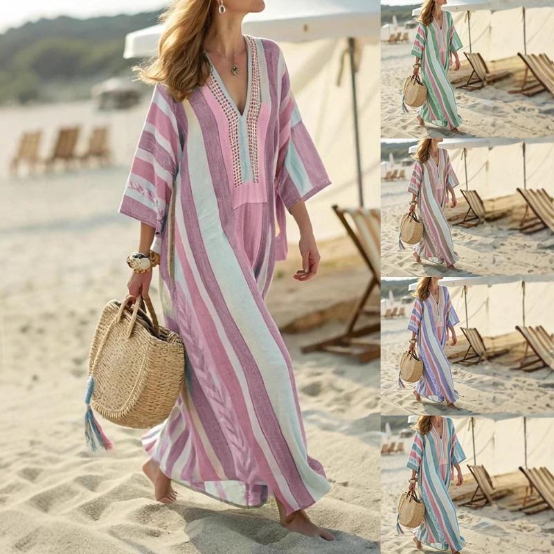 2025 New Women's Casual Long-sleeved V-neck Printed Women's Dress Elegant and Versatile Loose Dress