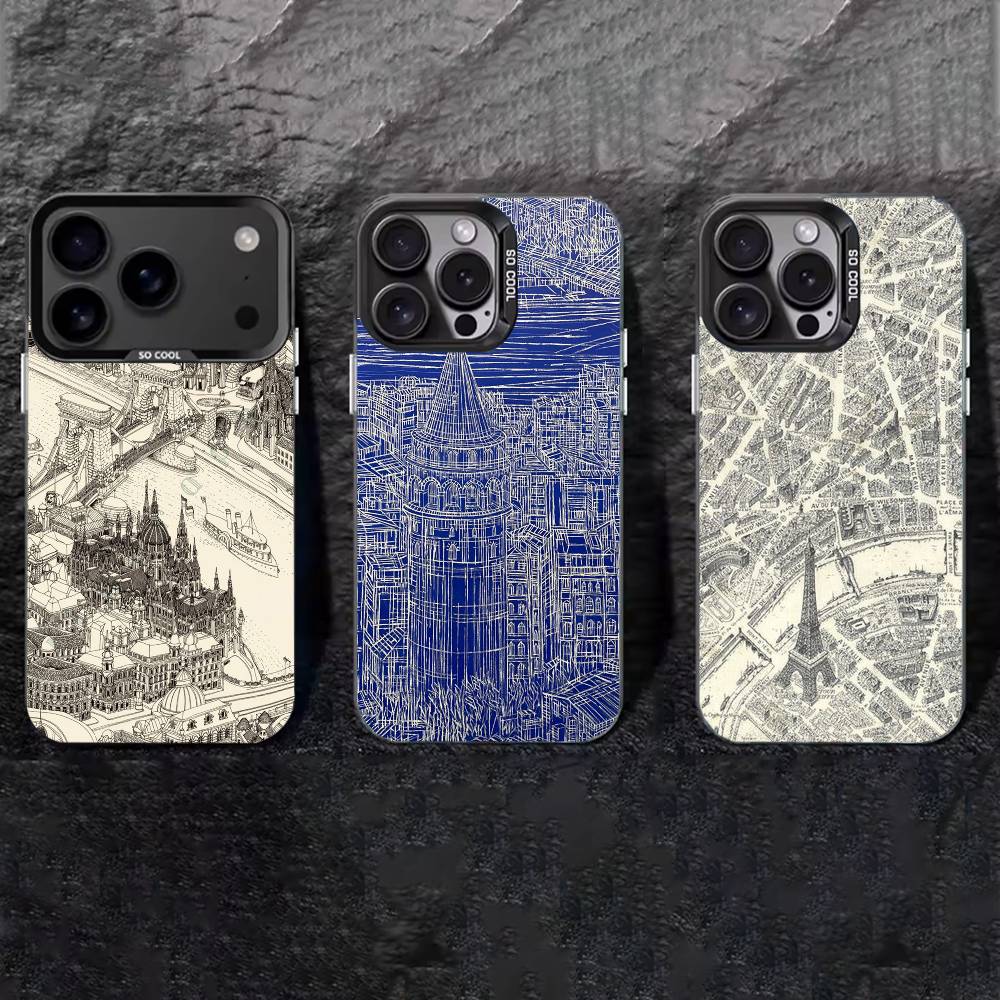 Famous City Sketch City Map Phone Case For iPhone 17,16,15,14,13,12,11 Plus,Pro Max,XS,Colored Silver Phone Case