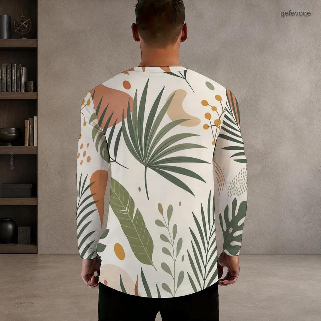 Men s Plus Size Round Neck Long Sleeve T Shirt Sunset Palm Wave Printed Casual Pullover