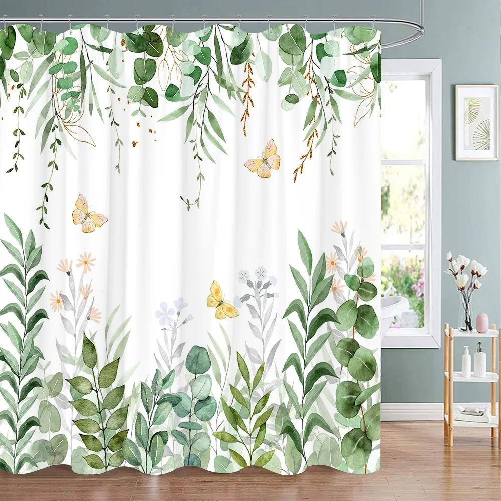 Spring Botanical Floral Shower Curtain Watercolour Style Floral Landscape Washable Fabric Bath Curtain Bathroom Decor With Hooks