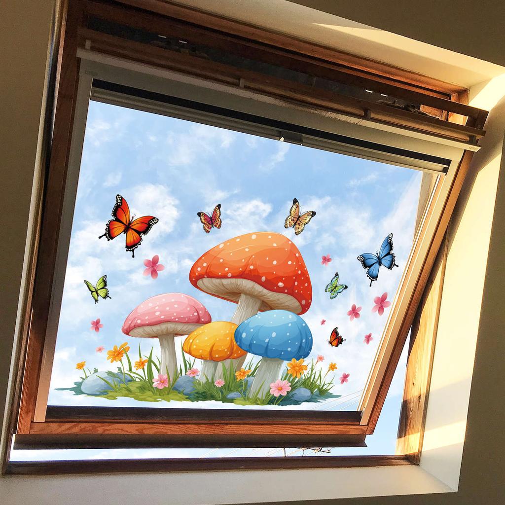 New cute mushroom butterfly glass stickers for children's room balcony window decoration stickers