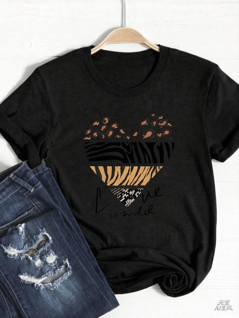 Tee Basic Clothing Women Clothes Print T Shirt Leopard Love Heart Trend Cute Summer Top Fashion Short Sleeve Graphic Tshirt