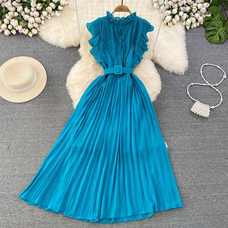 Fancy Light Luxury Temperament Flying Sleeves round Neck Waist Trimming Slim Looking A- line Pleated Dress Elegance Swing Long Dress
