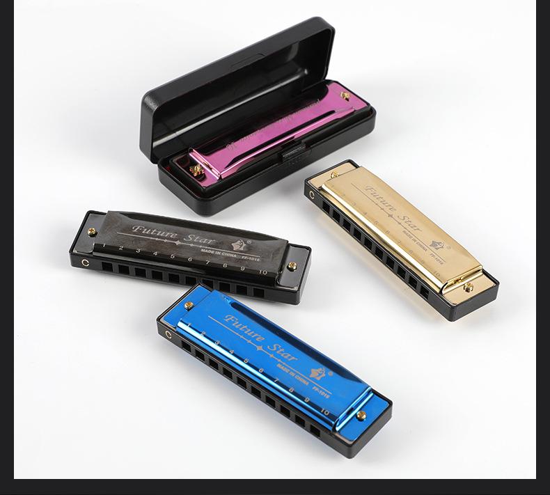 Four-Color Beginner 10-Hole Blues Harmonica in ABS Box