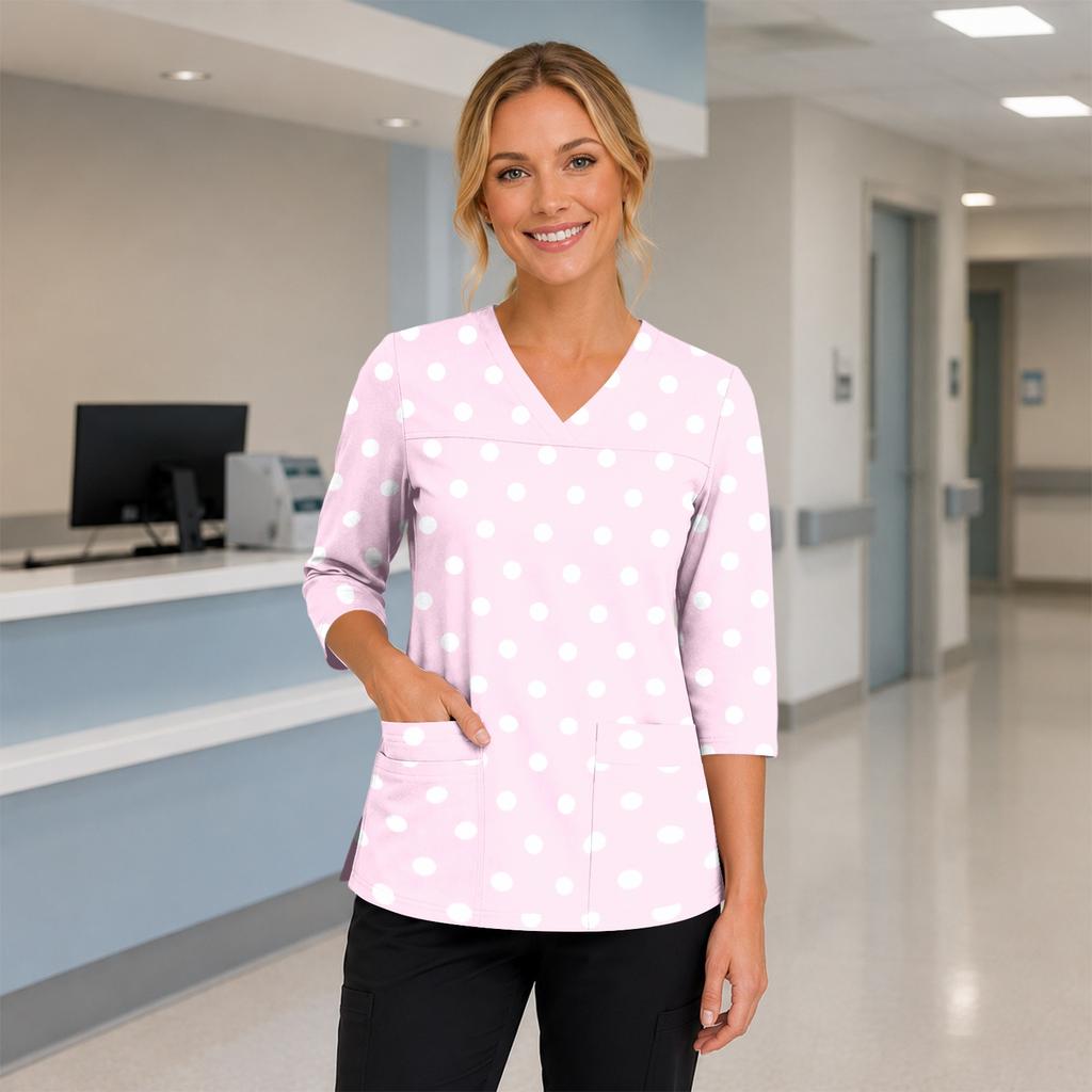 Women's Floral Print V-Neck Scrub Top with Pockets, Three-Quarter Sleeves, Side Split for Nurses