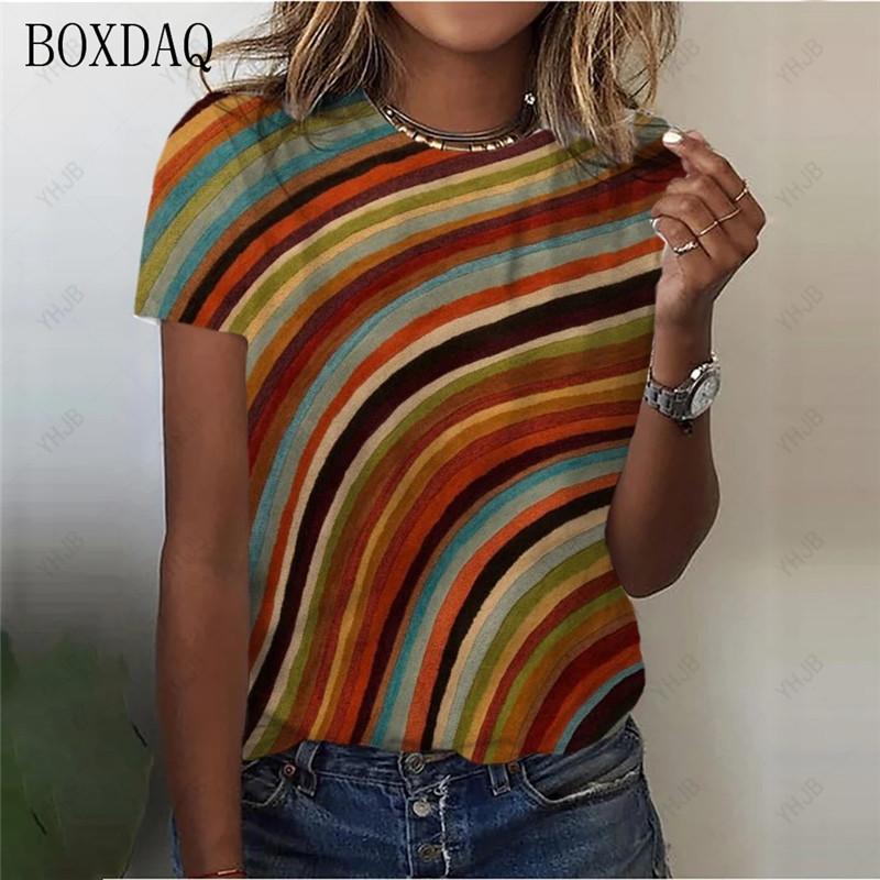 Fashion Women Striped T-Shirts Short Sleeve 3D Print Streetwear Ladies Trend T Shirt Summer O-Neck Casual Tops