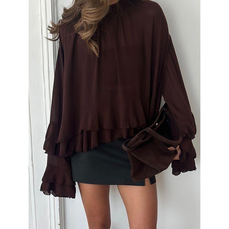 Fashion Shirt Women's Long Sleeve Loose Stacked Ruffles Brown 2025 Summer Casual Elegant Women's Tops Vacation
