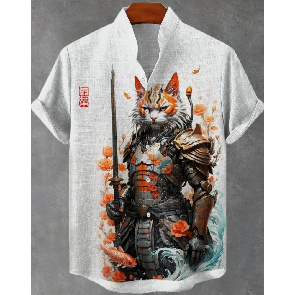 Men's Samurai Hawaiian Shirt Casual Short Sleeve Top Loose Clothing Fashion Retro Summer Shirt