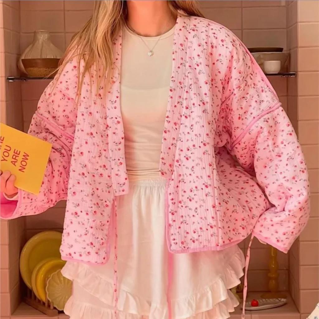 VAYLA Floral Printed Women's Cardigan Cute Lace up Pink Women Coat Casual Loose Autumn Warm Coats Fashion New Ladies Coats Outerwear