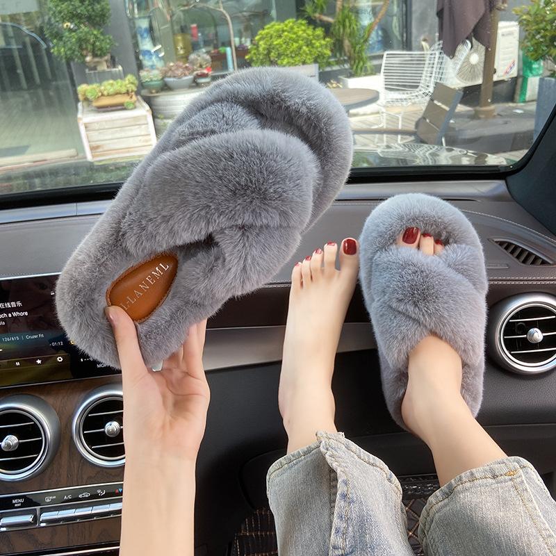 Cm Fluffy Shoes Women Wear  Internet Celebrity Explosion Autumn and Winter Go Out Thick-soled Plush Cotton Slippers