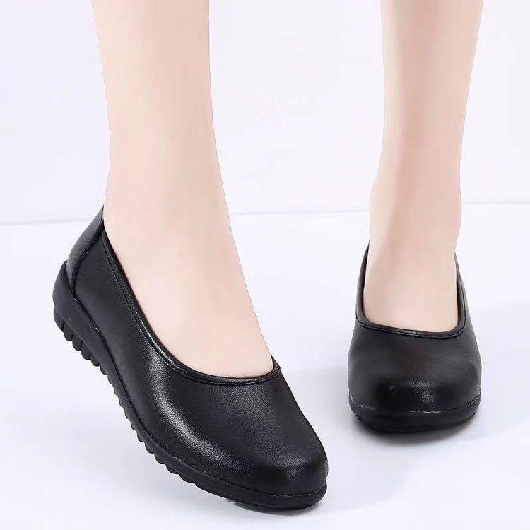 

Four Seasons Hard Work Shoes Black Flat Bottom Professional Stewardess Round Head Soft Sole Work Shoes Leather Shoes Dress Women s Single Shoes Non-sl 35