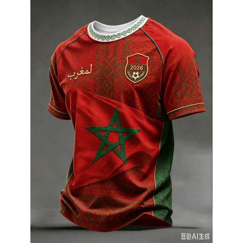 NOVÝ fotbalový dres Marockého týmu Červený Zelený Raglánový Rukáv 3D TISK Krátký Rukáv Fotbalové Tričko Unisex Fanouškovské Tréninkové Sportovní Tričko Top