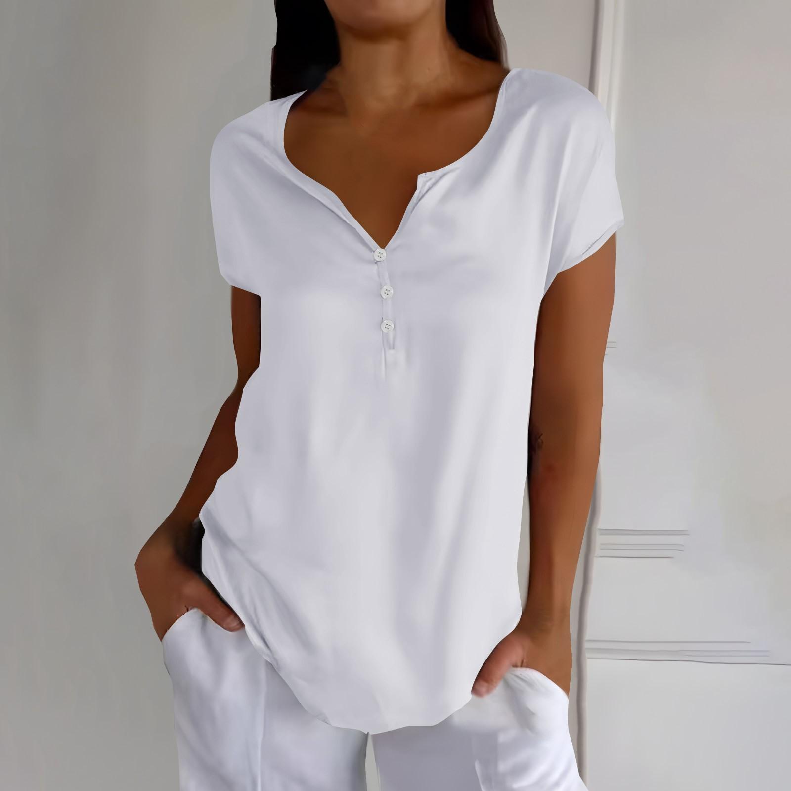 

Женская мода, свободный повседневный однотонный топ с коротким рукавом и воротником на пуговицах M белый
