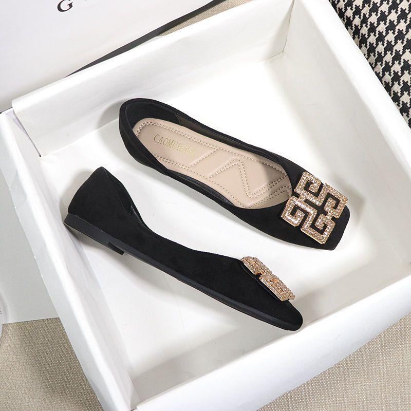 Fashion Flat Shoes Women 2025 New Spring Autumn Square Toe French  Black Shallow Mouth Square Buckle Ladies Shoes Big Size 41 42 43