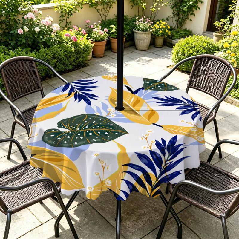 Outdoor Round Tablecloth With Umbrella Hole Waterproof Oil Resistant Floral Leaf Patio Garden Deck
