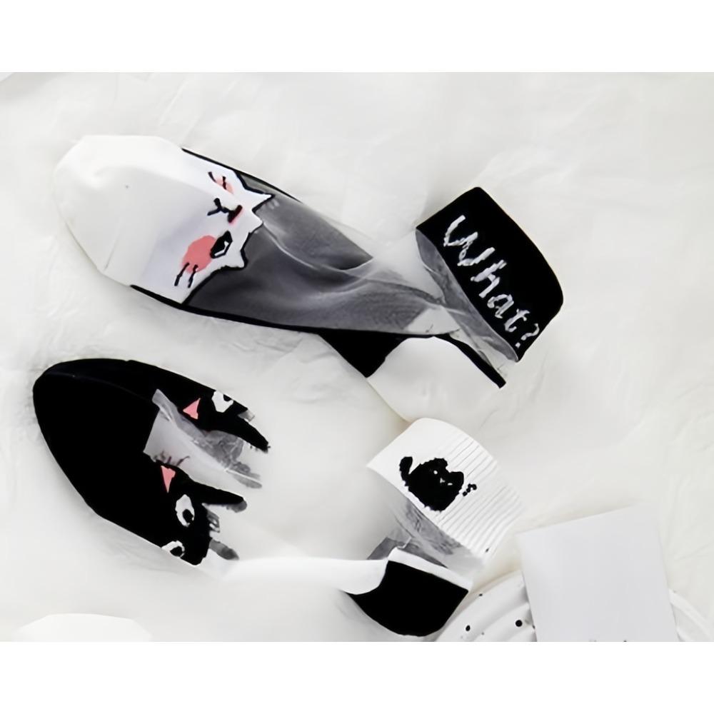 5Pairs Black and white cat women's socks, glass fiber breathable sweat absorbing , wear-resistant and odor proof summer socks
