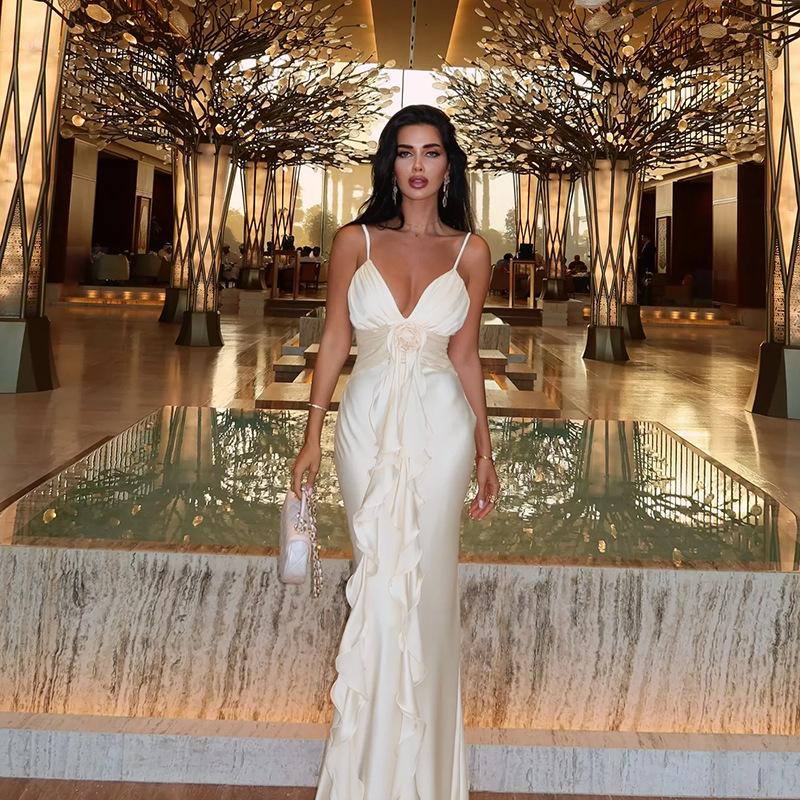 New Style Long Dress Fashion Elegant Slim Flower Ribbon Satin Sling Dress Women