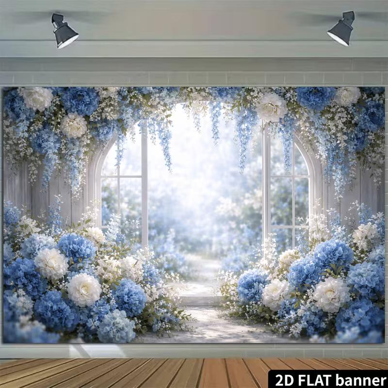 2D Floral Wedding Backdrop, Blue Hydrangea & White Flowers Party Background