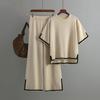 Women's Temperament Color Collision Open Short-sleeved Knit Shirt High-waisted Slim Wide-legged Pants Two-piece Set