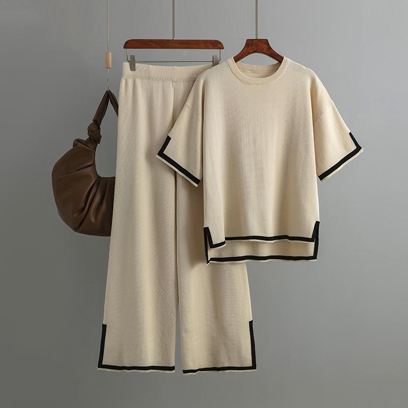 Women's Temperament Color Collision Open Short-sleeved Knit Shirt High-waisted Slim Wide-legged Pants Two-piece Set