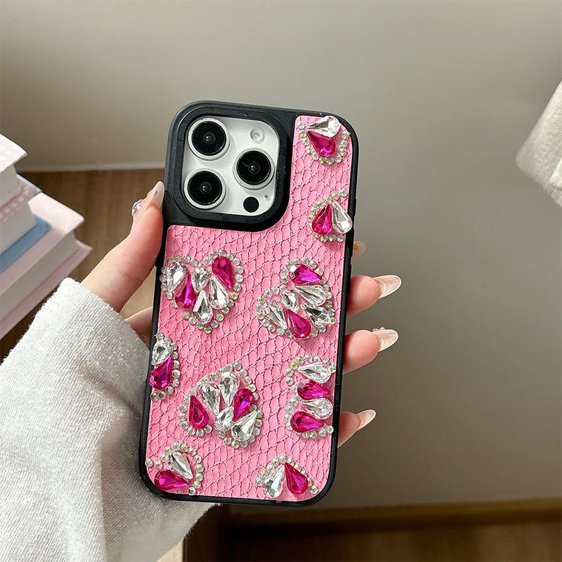 

Luxurious Snakeskin Pattern Rhinestone Heart-shaped Mobile Phone Case for IPhone16pro High-end for Apple 17Air Women’s Fashion For iPhone X/XS