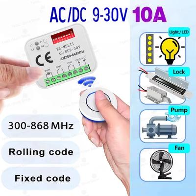 Interruptor de luz de control remoto inalámbrico RF 300-868MHz AC/DC 9-30V Receptor de relé Mini botón redondo Interruptor de panel de pared Para lámpara LED