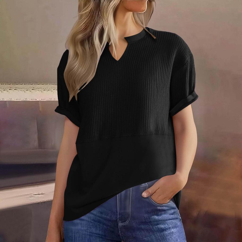 Womens  Knit Tops Casual V Neck Short Sleeve T Shirts Loose Blouses