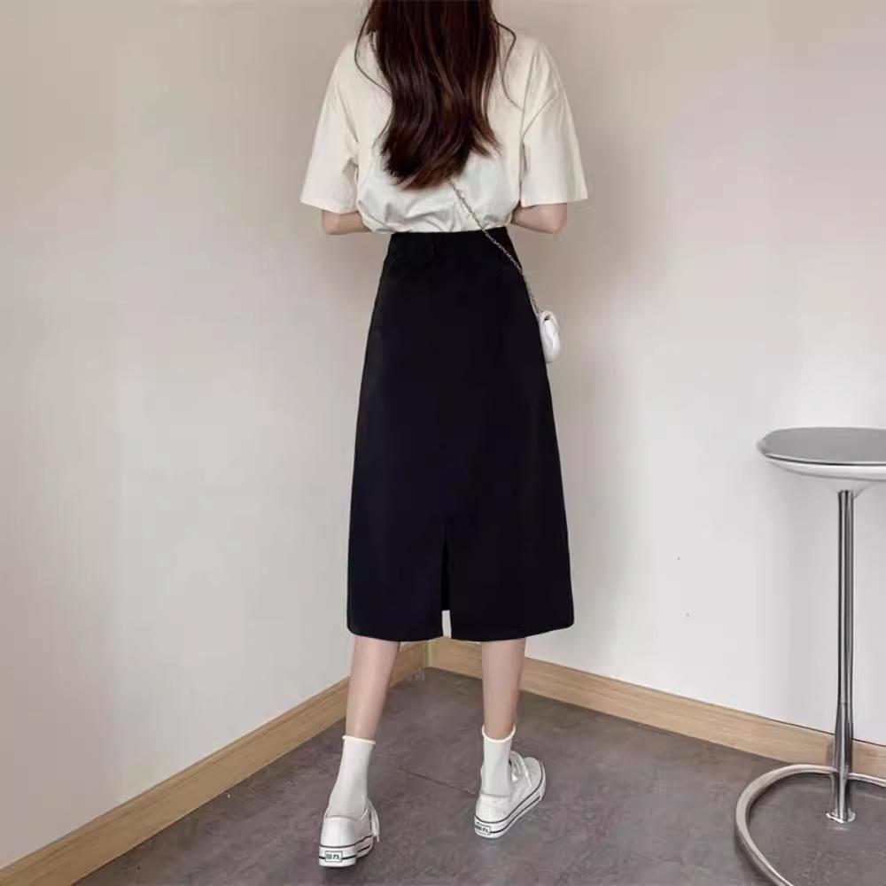 Dámská sukně áčkového střihu s vysokým pasem a zadním rozparkem - Korejská móda, Slim střih, Střední až dlouhá délka