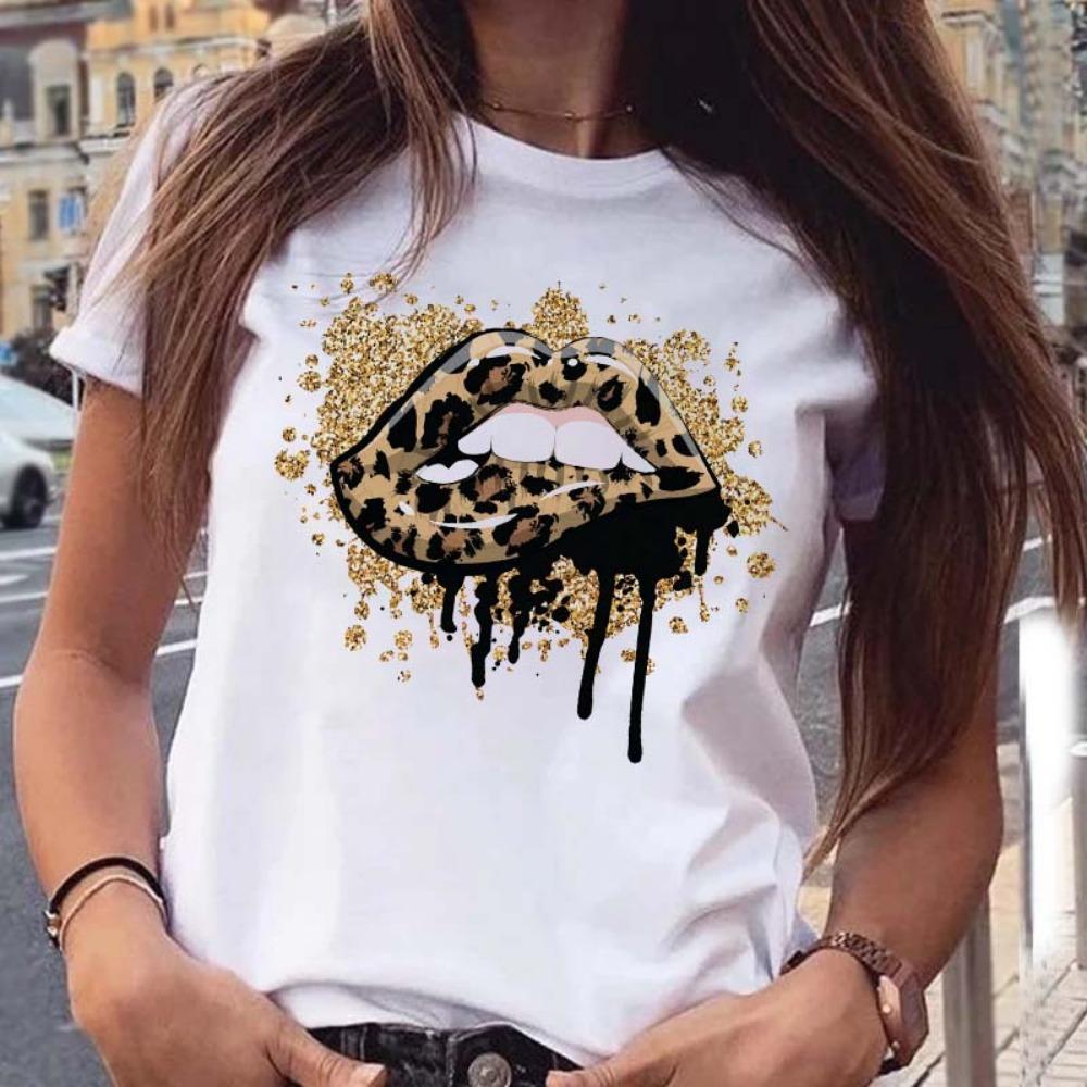 New Women Pink Lips Leopard Graphic T Shirt Casual Fahion O-neck Sexy Black Tees Kiss Lip Funny Girls Tshirt