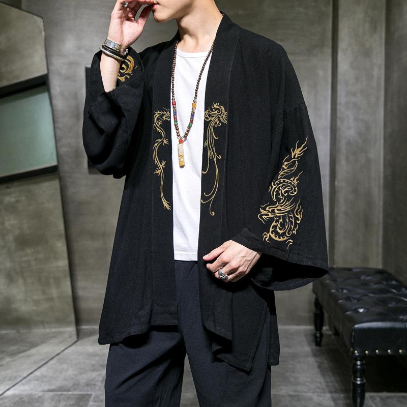 Mode Kostüm Stickerei Hanfu Herren Chinesischen Stil Robe Strickjacke Jacke Übergroßen Kimono Alten Mantel Männlich
