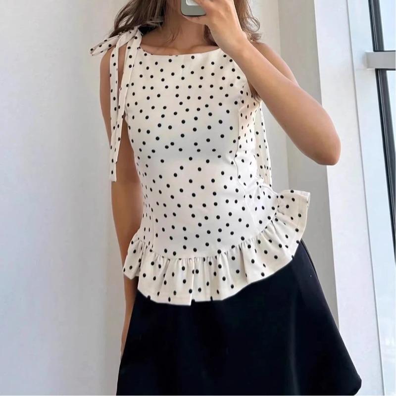 Top de Tirantes de Lunares para Mujer con Dobladillo Fruncido Sin Mangas Casual Ajustado Delgado Blusa