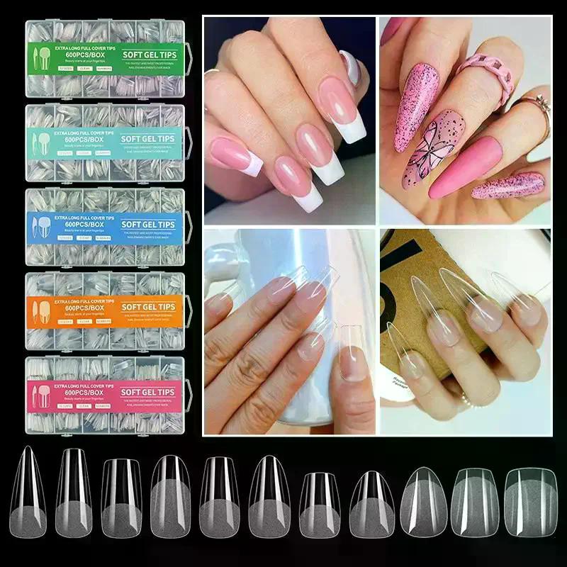 600Pcs Short Almond Nail Tips Soft Gel Nail Tips Full Cover False Nail Tips For Acrylic Nails Manicure Salon Home Press On Nails