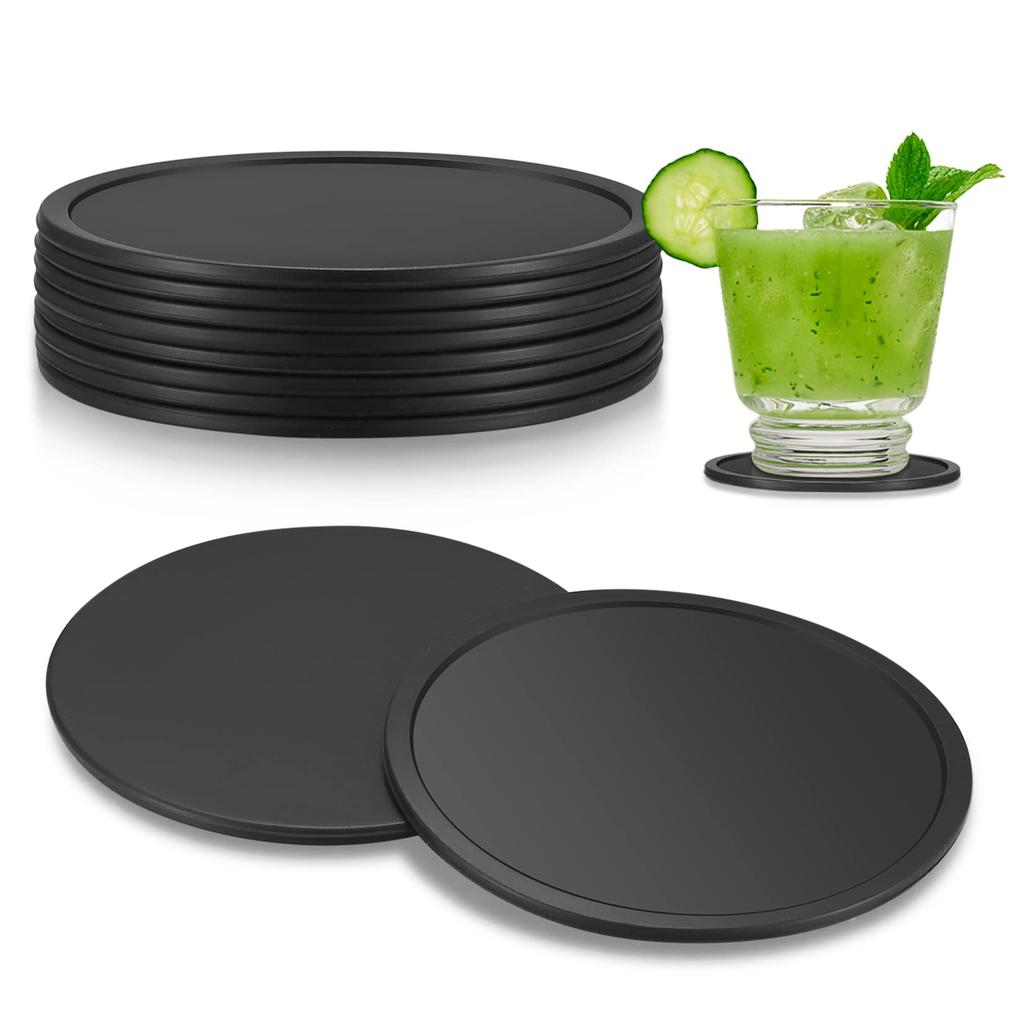 8pcs Black Silicone Drink Coasters - Non-Slip for Glasses, Cups & Tables