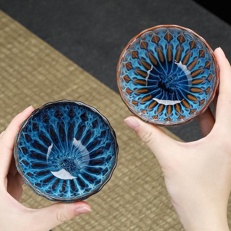 Floral Rim Jian Zhan Tea Bowl Kiln Variation Glaze Ceramic Personal Master Cup for Gongfu Tea Drinking Zen Meditation Gift