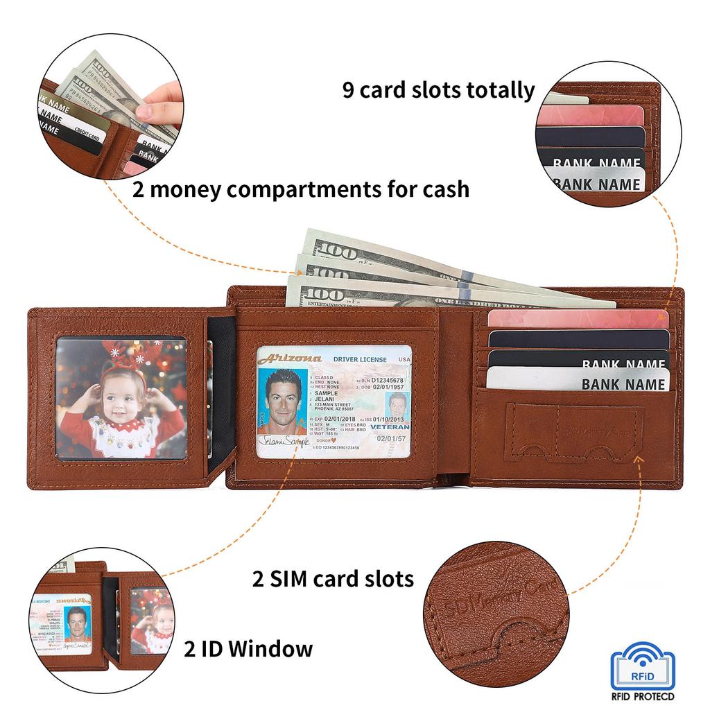Rfid Bussiness Leather Bifold Wallet for Men Multi Function Tri Fold Card Holder Small Male Money Clip