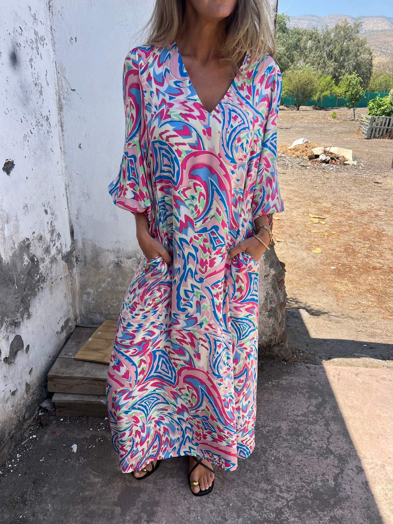 2025 Women s Loose Casual V-Neck Long Printed Dress XXL фиолетовый