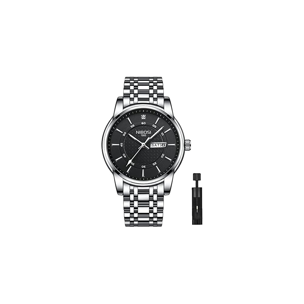 Nibosi Men s Classic Silver Stainless Steel Analog Watch with Date and Day Display, Waterproof, Casual Metal Band