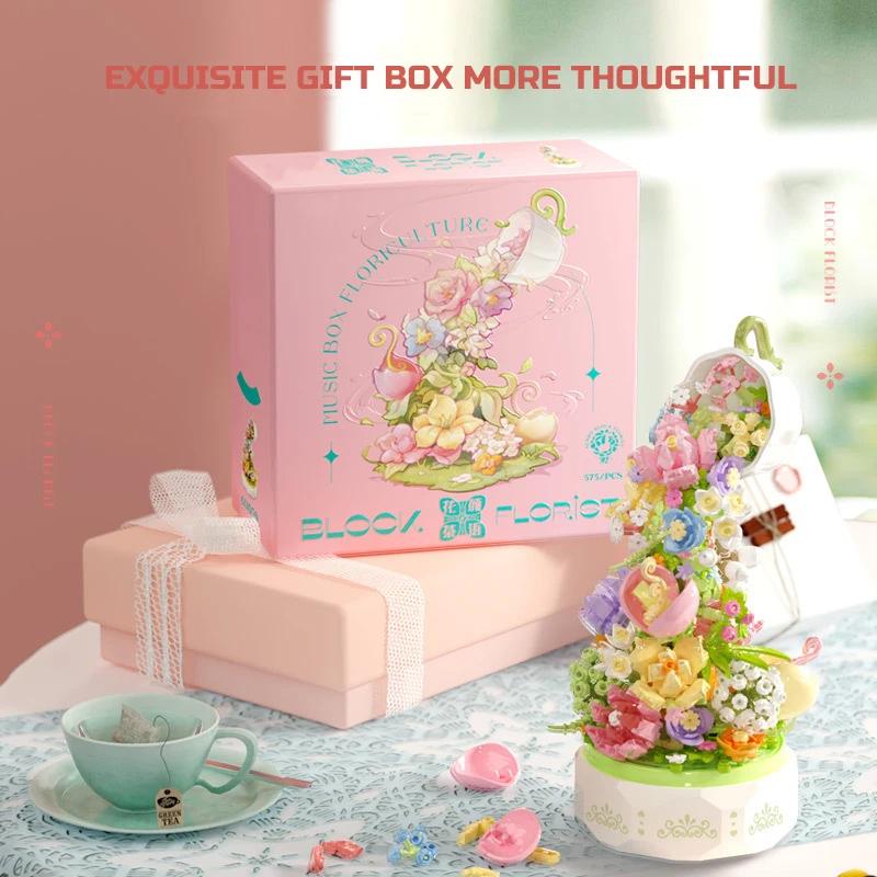 SEMBO 575pcs Block Florist Series Light Music Box Building Blocks DIY Teacups Flower Romantic Model Holiday Gifts Toys For Girls