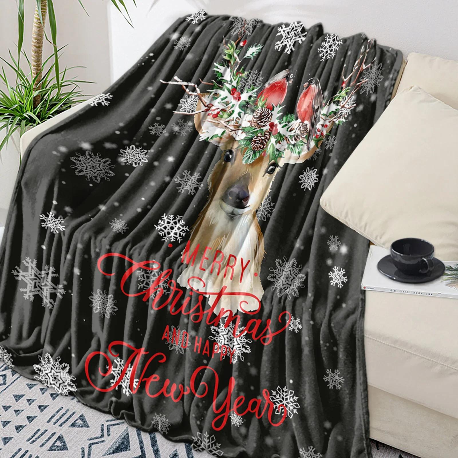Christmas Snowflake Elk Plaid Throw Blanket for Sofa Christmas Decoration Bedspread Portable Microfiber Flannel Blanket 75cmx90cm