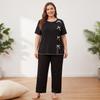 Europäische und amerikanische große Größe lockere und bequeme Loungewear einfarbiger Pyjama mit Schleife kurzärmelige Oberteile und Hosen zweiteiliges Set