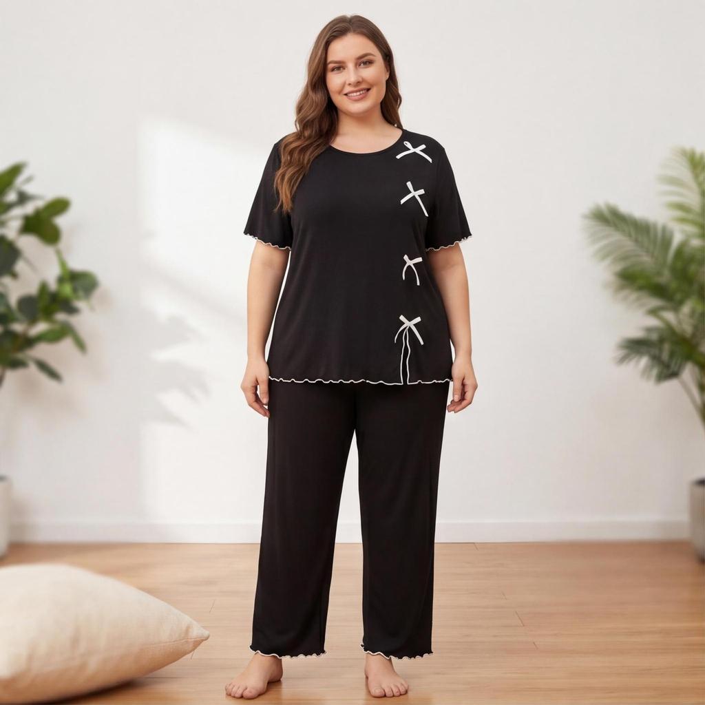 Europäische und amerikanische große Größe lockere und bequeme Loungewear einfarbiger Pyjama mit Schleife kurzärmelige Oberteile und Hosen zweiteiliges Set