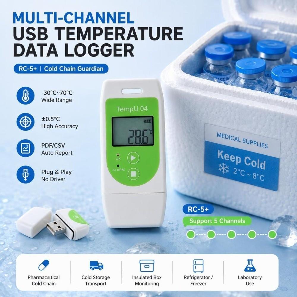 Plastic USB Temperature Logger Reusable Temperature Recorder Cold Chain Monitoring