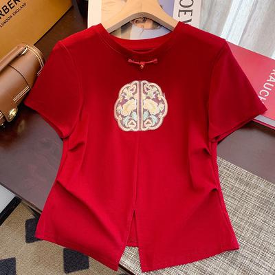 Short-sleeved T-shirt for Women's Short New Round Neck Embroidered T-shirt Red Pleated Waist-hugging New Chinese Style Top