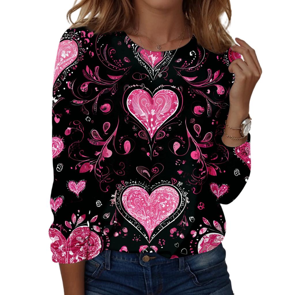 Damen Rundhals-Oberteil mit Herz-Print, locker, langärmelig
