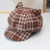 Cute cat ear plaid octagonal hat female autumn and winter retro embroidered beret showing face little girl versatile newsboy hat