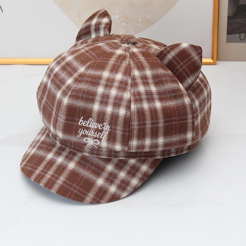 Cute cat ear plaid octagonal hat female autumn and winter retro embroidered beret showing face little girl versatile newsboy hat