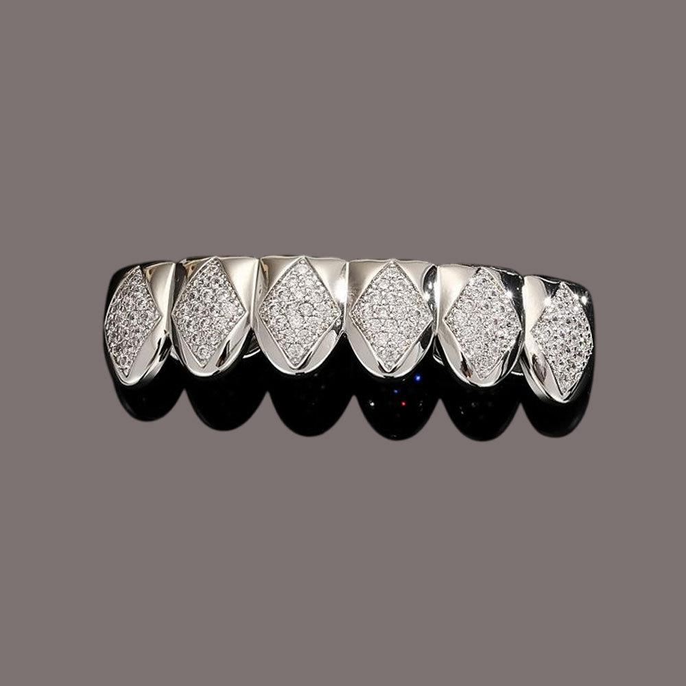 Hot-selling 18K Gold-plated Tungsten Hip-hop Grillz Cross-border Trade Europe America Unisex Antique-style Rhombus-shaped Zircon