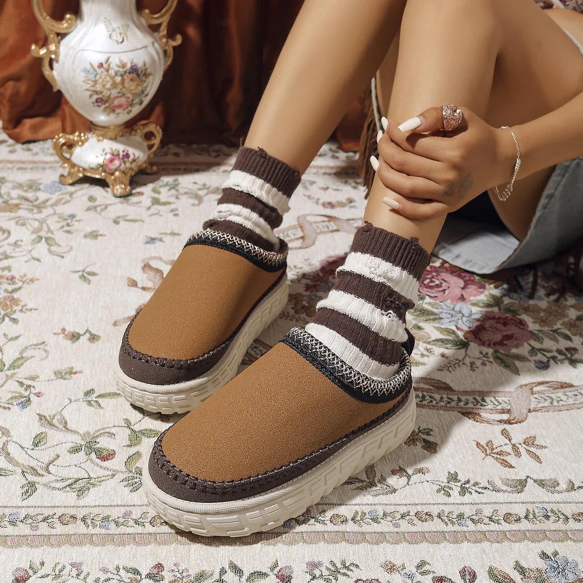 

Winter Fluffy Plush Womens Slippers outdoor House Thick Bottom Warm snow boots Ladies Non Slip Platform Leisure Cotton boots 41 коричневый