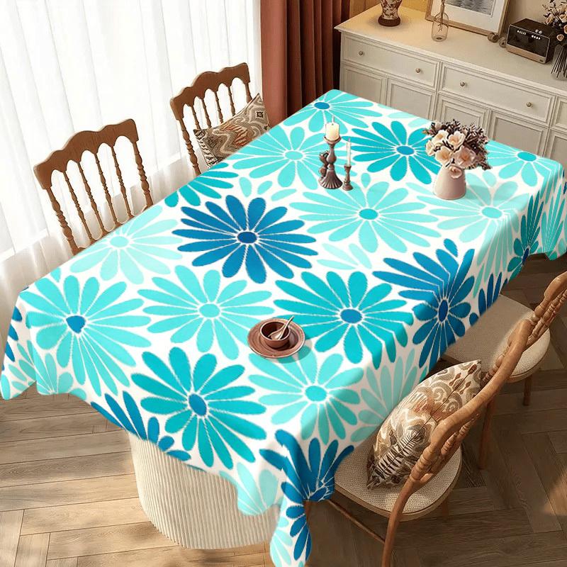1pc Blue-Green Floral Pattern Tablecloth, Suitable for Dining Table, Coffee Table, Desk, Picnic, Camping, Family Gathering, Durable Polyester Material